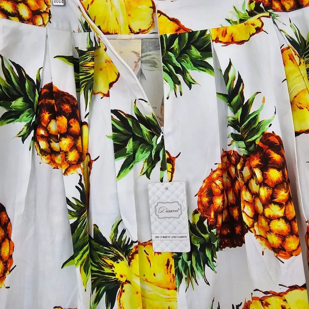 Womens Sz 3X Tropical Pineapple Print Pleated Swing Skirt Cotton Blend Retro NWT